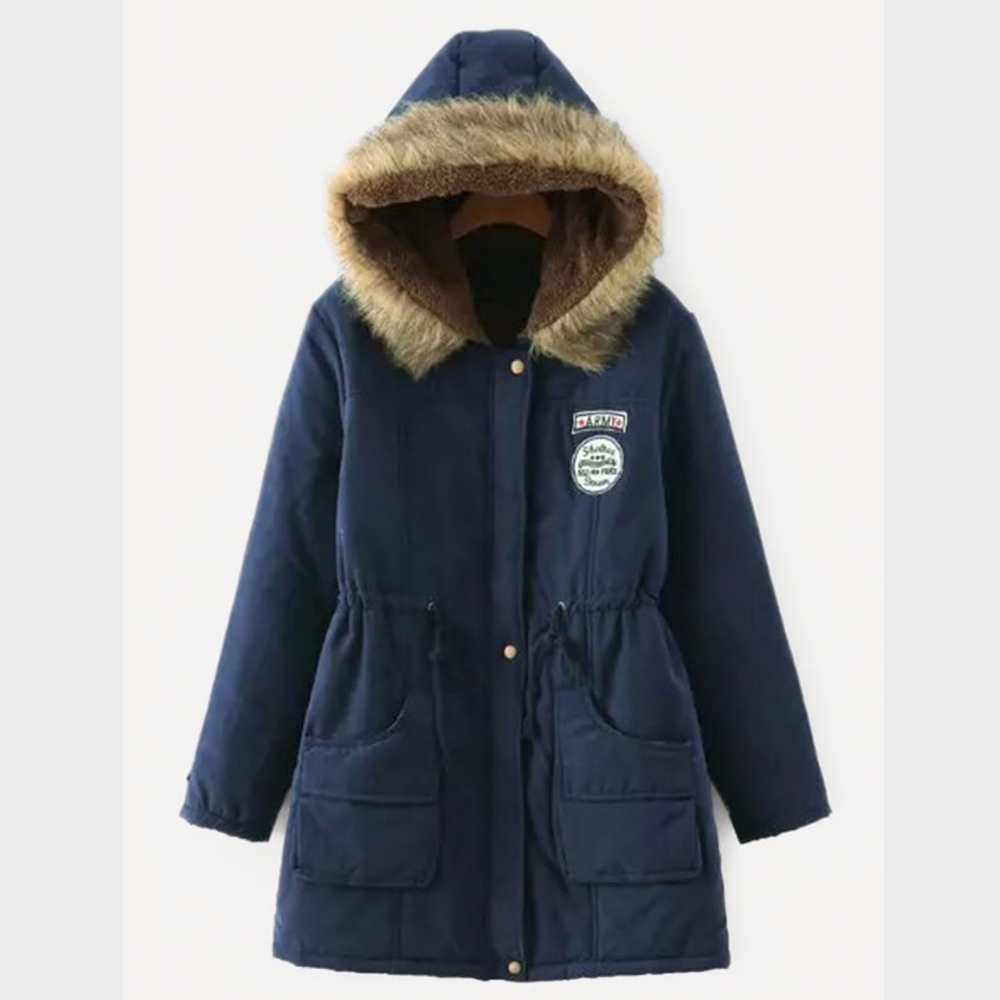 Hooded Faux Fur Drawstring Navy Parka Jacket - Picture 5 of 11